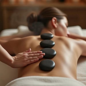 Könnte beinhalten: Eine Person erhält eine Hot-Stone-Massage. Glatte, dunkle Steine sind entlang der Wirbelsäule platziert. Eine Hand ruht sanft auf den Steinen. Die Person liegt auf dem Bauch auf einem weißen Handtuch.