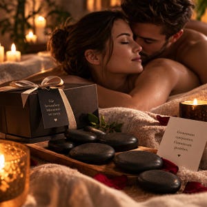 Peut inclure: Une boîte cadeau noire avec un ruban beige et une étiquette portant l'inscription "Für besondere Momente zu zweit" avec un cœur. Un plateau en bois contient des pierres de massage noires lisses, des pétales de rose et une carte "Gemeinsam entspannen. Gemeinsam genießen."