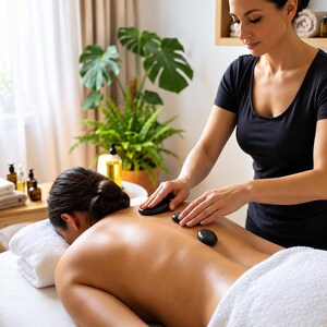 Könnte beinhalten: Eine Person erhält eine Hot-Stone-Massage und liegt auf einem mit weißen Handtüchern bedeckten Tisch. Mehrere glatte, polierte schwarze Steine liegen auf dem Rücken, während Hände einen weiteren Stein auf dem oberen Rücken platzieren.