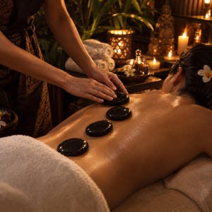 Op de afbeelding: Een hot stone massage met vier gladde, gepolijste zwarte basaltstenen in een verticale lijn op de rug. De huid is ingeolied en glanst in het warme, gedimde licht, met een witte bloem in het donkere haar gestoken.
