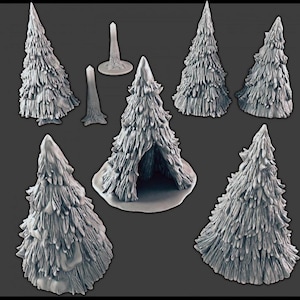 Könnte beinhalten: Satz von sieben Miniaturbäumen aus grauem Harz, einige mit ausgehöhltem Zentrum, perfekt für Tabletop-Spiele oder Miniaturdioramen.