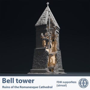 Könnte beinhalten: Detailliertes Modell eines Glockenturms mit sichtbaren architektonischen Details und einem Kreuz an der Spitze. Der Turm ist verwittert, mit fehlenden Abschnitten, die Innentreppen freilegen. Der Text "Bell tower" und "Ruins of the Romanesque Cathedral" sind unten.