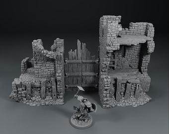 Op de afbeelding: Een miniatuur grijs kasteelpoort- en torenset, met een verweerd steen- en houtontwerp. De set bevat een centrale poort geflankeerd door twee torens, met een klein beeldje ervoor. De set is ontworpen voor tabletop gaming.