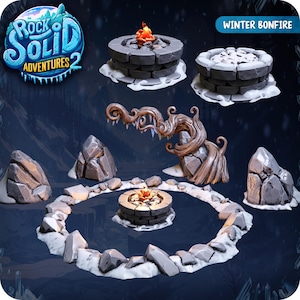 May include: A digital illustration of a winter bonfire scene. The scene includes a bonfire, rocks, and a tree. The bonfire is made of gray stones with a fire burning in the center. The text "Winter Bonfire" is in the upper right corner.