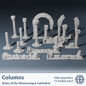 May include: A set of white, 3D-printed Romanesque cathedral ruins, featuring columns, arches, and fragmented architectural pieces. The image showcases various column styles and sizes, with the text "Columns" and "Ruins of the Romanesque Cathedral".