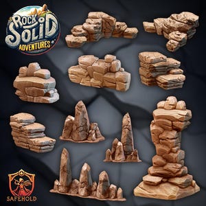 Könnte beinhalten: Ein Set mit 10 braunen Felsformationen für Tabletop-Spiele. Die Felsen sind aus strukturiertem Harz gefertigt und sollen wie natürliche Felsformationen aussehen. Das Set enthält eine Vielzahl von Formen und Größen, darunter hohe Türme, flache Plattformen und zerklüftete Klippen. Die Felsen sind perfekt, um eine realistische und immersive Spielumgebung zu schaffen.