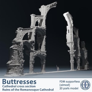 Könnte beinhalten: Ein graues 3D-gedrucktes Modell eines romanischen Kathedralen-Querschnitts mit zerstörten Strebepfeilern und Bögen. Die Struktur zeigt detaillierte Steinstrukturen und eine kleine Figur an der Basis. Text: Buttresses, Cathedral cross section, Ruins of the Romanesque Cathedral, FDM supportless (almost), 20 parts model.