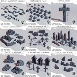 Könnte beinhalten: Ein Set aus 3D-gedruckten Miniatur-Geländestücken für Tabletop-Kriegespiele. Das Set enthält eine Vielzahl von Gegenständen, wie Sandsäcke, Fässer, Panzerfallen, Kreuze, Gräben und tote Bäume. Die Teile sind vorgesichert und bereit zum Drucken.