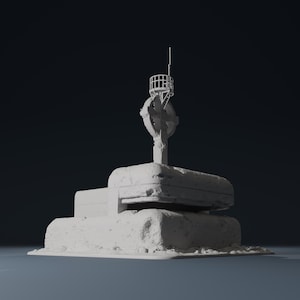 Könnte beinhalten: Ein 3D-Modell einer verwitterten, hellfarbigen Struktur. Es hat eine geschichtete Basis, ein kreuzförmiges Element und eine käfigartige Struktur an der Spitze. Das Design deutet auf ein historisches oder architektonisches Thema hin. Das Modell steht vor einem dunklen Hintergrund.