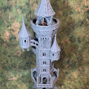 May include: A grey stone tower with a pointed roof and multiple levels. The tower has a small balcony on each level and a spiral staircase leading up to the top. There are small figures of people standing on the balconies.