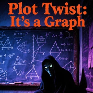 Puede incluir: Imagen oscura con el texto "Plot Twist: It's a Graph" en naranja. Una figura con una capa negra con capucha y ojos verdes brillantes está sentada frente a una pizarra llena de ecuaciones matemáticas. Un escritorio está en primer plano.