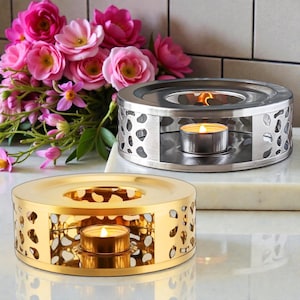 Tealight Teapot Warmer Stand: Elegant Teacup Warmer in Gold or Silver Stainless Steel