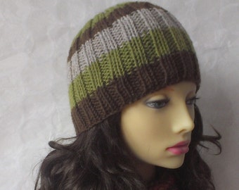 KNITTING PATTERNS SAM /Womans Striped Ribbed Beanie/Easy/Knit Straight/ Striped Hat/Beanie Hat/ Striped hat Pattern