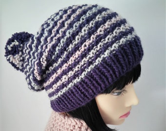 Womens Striped Hat KNITTING PATTERN Slouchy Pompom Beanie Knit Flat Gift for Women Christmas Gift Handmade Gift for Women/Palmer Square Hat