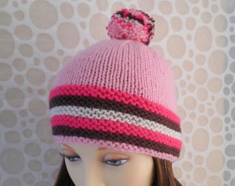 Knitting Pattern: Striped Pompom Ski Hat, Easy Knit (PDF Pattern)