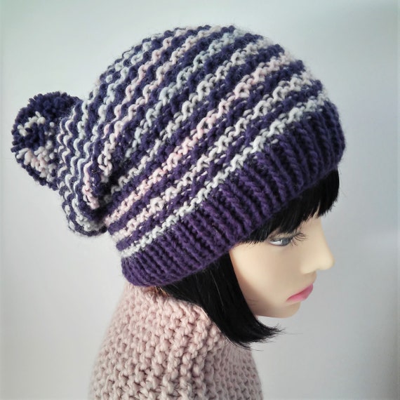 Slouchy Hat Knitting Pattern Striped Pompom Beanie Or Cap Gift For Women Handmade Gift For Women Palmer Square Hat