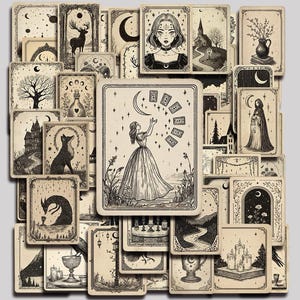 May include: A collection of rectangular cards featuring intricate black ink illustrations on a cream-coloured background. The designs depict various scenes including a person reaching for a crescent moon, a deer, a fox, candles, and a hooded figure.