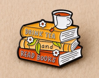 Drink Tea and Read Books Enamel Pin, Book Stack Lapel Pin, Cottagecore Reader Gift, Cozy Bookish Brooch, Tote Bag Jacket Pin