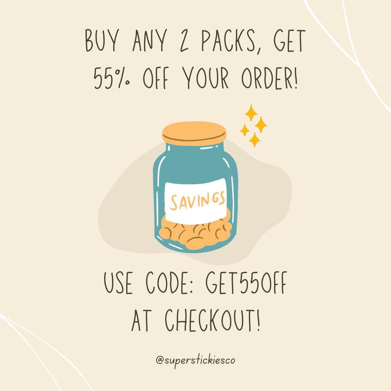 Op de afbeelding: Een illustratie toont een turquoise pot met een gouden deksel, met het opschrift "SAVINGS", gevuld met munten. De tekst erboven luidt "BUY ANY 2 PACKS, GET 55% OFF YOUR ORDER!" en daaronder "USE CODE: GET55OFF AT CHECKOUT!" met gouden sterren.