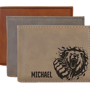 Cartera de cuero personalizada con un diseño de oso rugiente que ofrece un aspecto atrevido y carismático, regalos personalizados para hombres