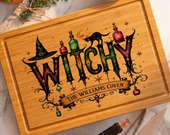 Personalized Halloween Cutting Board, Halloween Witch Cutting Board, Wooden Kitchen Decor, Coven Serving Tray, Custom Bamboo Cutting Board