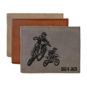 Cartera de motocross de cuero para padre e hijo. Cartera personalizada y grabada para hombre. Regalos de cuero grabados para amantes de las motos.