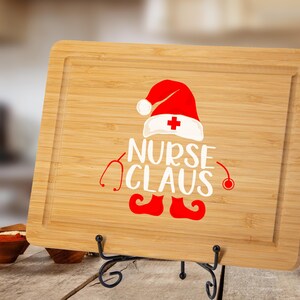 Funny Nurse Christmas Cutting Board: Santa Hat Stethoscope Bamboo Kitchen Board