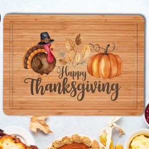 Happy Thanksgiving Cutting Board, Bamboo Serving Board With Turkey & Pumpkin Design, Holiday Kitchen Decor, Hostess or Housewarming Gift