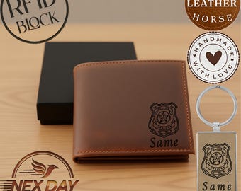 Personalized Police Wallet, Custom Name Leather Wallet With Badge, RFID Bifold Wallet Gift for Police Officer, Law Enforcement Gift
