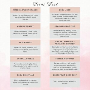 May include: A list of scents with descriptions. The scents are divided into categories such as Amber & Sweet Orange, Autumn Sunset, Beach Walk, and Cosy Linen.