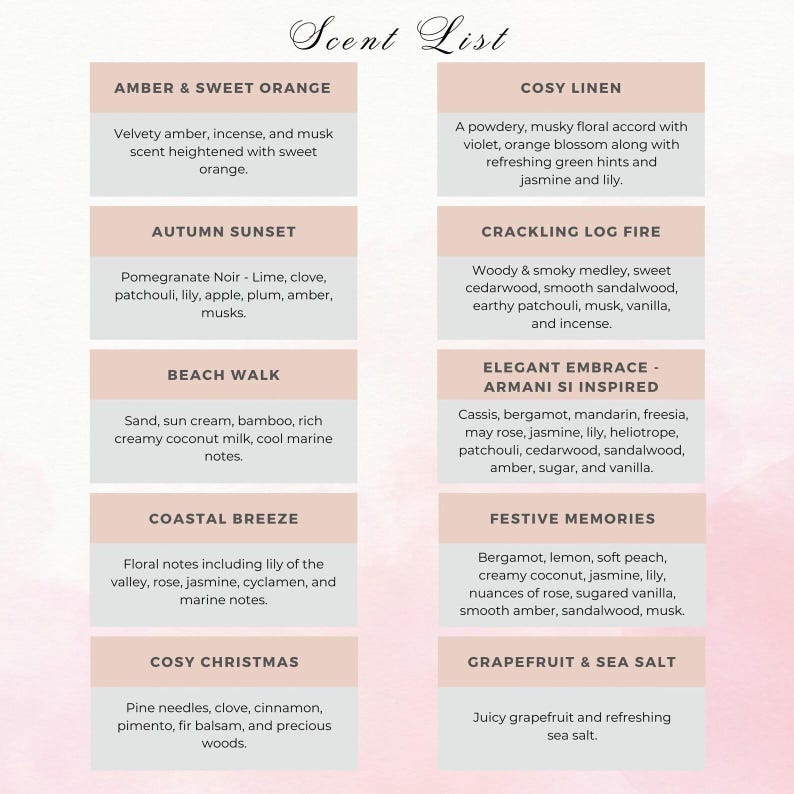 May include: A list of scents with descriptions. The scents are divided into categories such as Amber & Sweet Orange, Autumn Sunset, Beach Walk, and Cosy Linen.