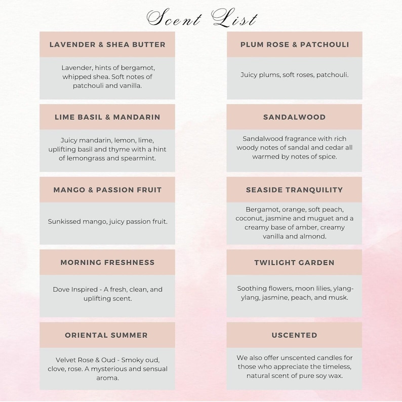 May include: A list of candle scents with descriptions. The scents include Lavender & Shea Butter, Plum Rose & Patchouli, Lime Basil & Mandarin, Sandalwood, Mango & Passion Fruit, Seaside Tranquility, Morning Freshness, Twilight Garden, Oriental Summer, and Unscented.