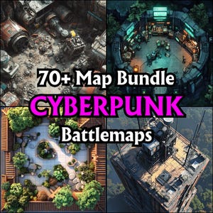 Pacote de mais de 70 mapas de batalha Cyberpunk, grades de batalha RPG, D&D, mapas de mesa, alto nível de detalhes, cidades de neon, aventuras futuristas e de ficção científica
