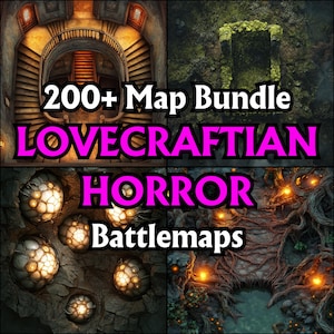 Pacote com mais de 200 mapas de batalha de terror Lovecraftianos, grades de batalha de RPG, D&D, mapas de mesa, alto nível de detalhes, paisagens sobrenaturais, ruínas assombradas, cósmicas
