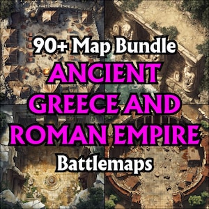 Paquete con más de 90 mapas de batalla de la Antigua Grecia y el Imperio Romano, cuadrículas de batalla de rol, DnD, mapas de mesa, gran detalle, ciudades clásicas, templos y arenas.