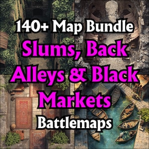 Pacote de mapas de batalha de mais de 140 favelas, becos e mercados negros, grades de batalha de RPG, mapas urbanos de D&D, locais de fantasia sombria, terreno de mesa, VTT