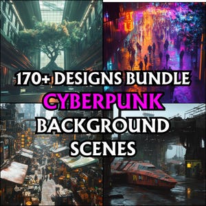 Puede incluir: Un collage de cuatro imágenes con temática cyberpunk. La imagen superior izquierda muestra un gran árbol en un edificio futurista. La imagen superior derecha muestra una calle abarrotada con luces de neón. La imagen inferior izquierda muestra un mercado abarrotado con luces de neón. La imagen inferior derecha muestra una nave espacial futurista en un ambiente lluvioso.