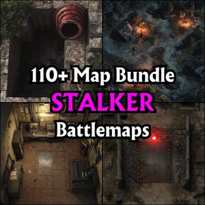 Pacchetto di oltre 110 mappe di battaglia di Stalker, griglie di battaglia per giochi di ruolo, D&D, mappe da tavolo, dettagli elevati, zone post-apocalittiche, città abbandonate, terre desolate mutanti