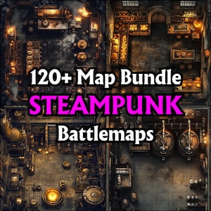 Paquete de más de 120 mapas de batalla Steampunk, cuadrículas de batalla RPG, D&D, mapas de mesa, alto nivel de detalle, ciudades mecánicas, muelles para dirigibles, zonas industriales