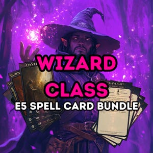 May include: A purple and black wizard character with a pointed hat and a long beard. The character is holding a stack of spell cards with the text "WIZARD CLASS E5 SPELL CARD BUNDLE" on the front.