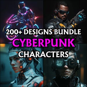 200+ Cyberpunk-karaktärsdesignpaket, Digital konst, Futuristisk, Dystopisk, Högteknologisk, RPG-karaktärer, Neon