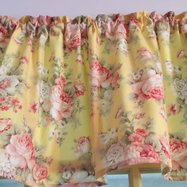 Roses Curtain Valance 43"W x 14"L Romantic Wife Gift Home Decor Vintage Style Country Cottage Decor Floral Style Sunshine Yellow Free Ship