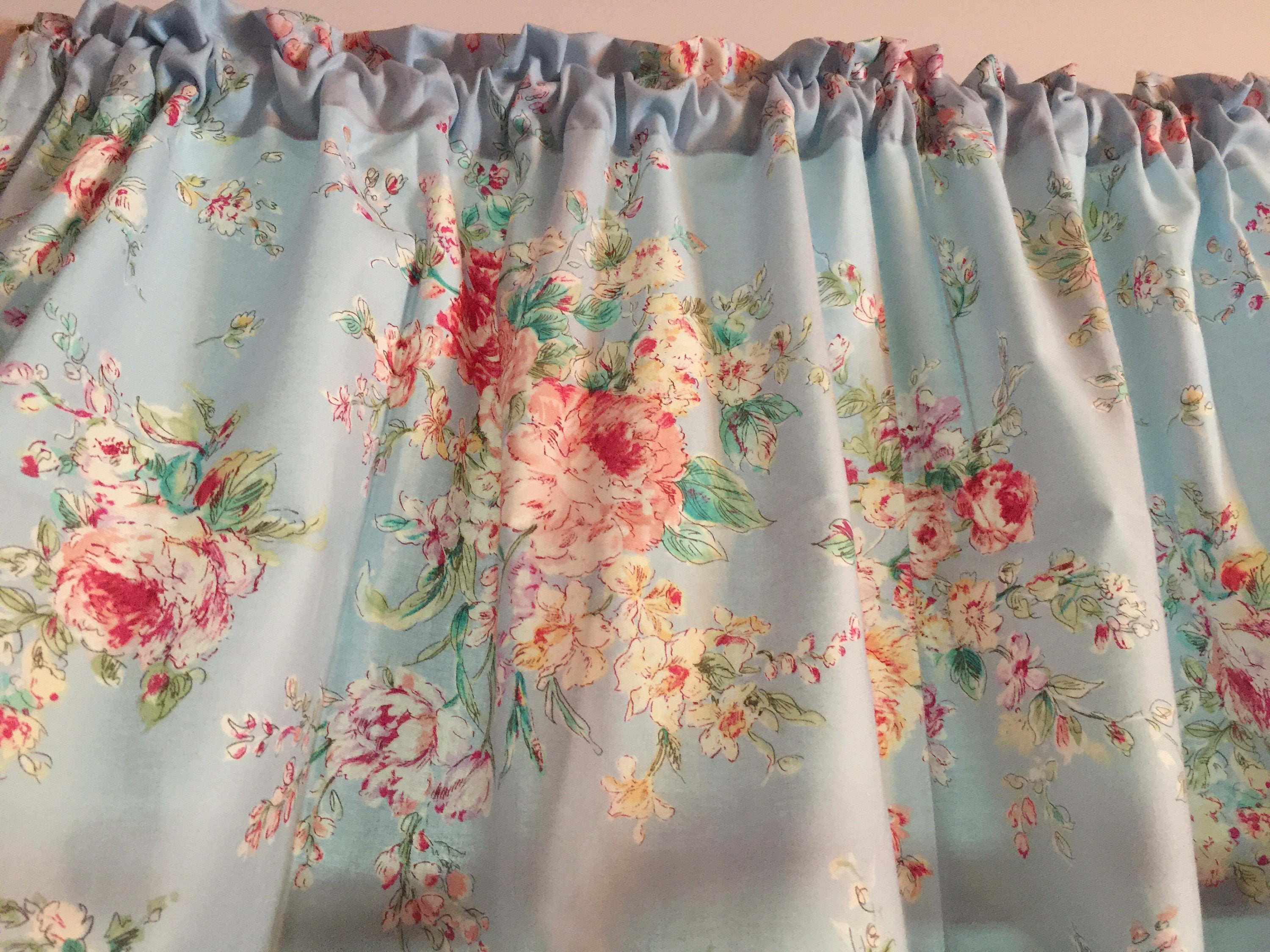 Powder Blue Shabby Chic Floral New Cotton Window Curtain Etsy
