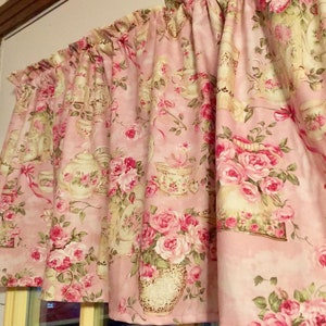 Powder Pink with Pink Roses Shabby Chic, Teacup, Floral,  Window, Curtain Valance 42"W x 14/15"L, fits a window up to 28" wide