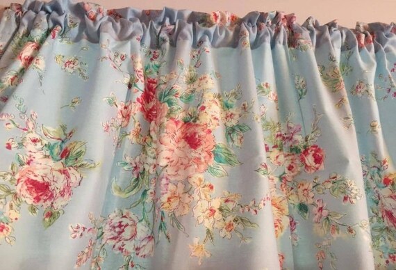 Powder Blue Pink Roses Curtain Panels Curtains Etsy