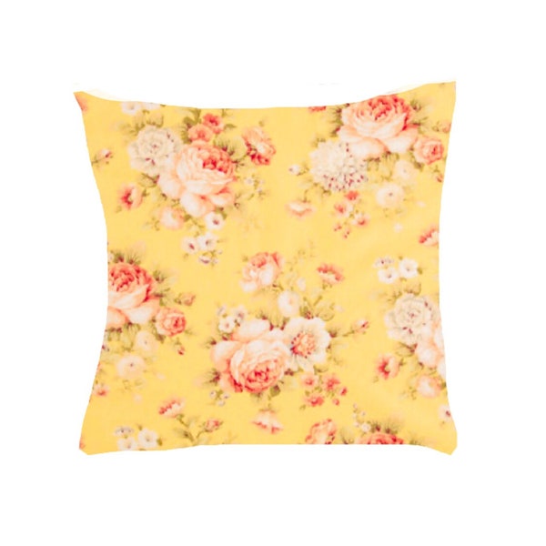 Yellow, Shabby Chic, Pink Roses, Throw Pillow Slip Cover 16" x 16"  (This is the cover only) made from Cotton Fabric, Gift Idea