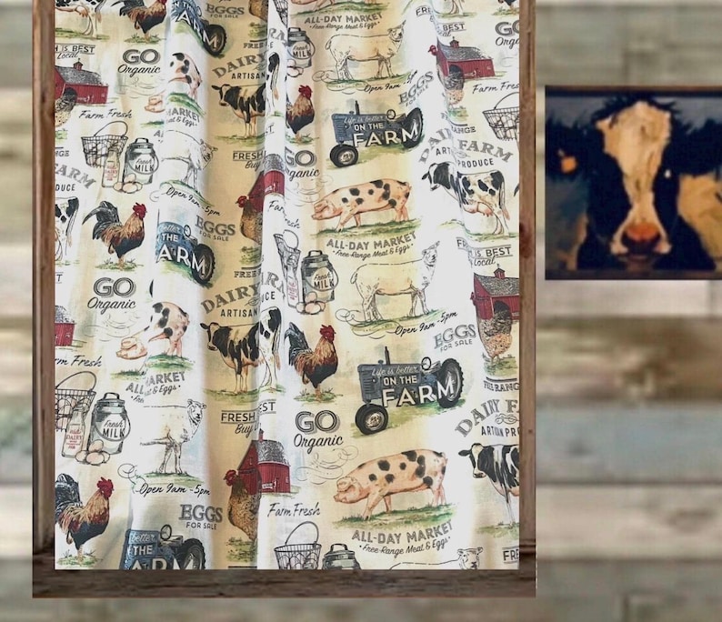 Farmhouse Lover Curtains: Pigs, Cows, Chickens, Tractor Print with Tiebacks bild 8