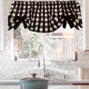 Black and White, Buffalo, Plaid, Valance, 1” Black Checks, with Removable Bows, Valance, 43”W x 14L, Window Curtain, Free Ship, Gift Idea