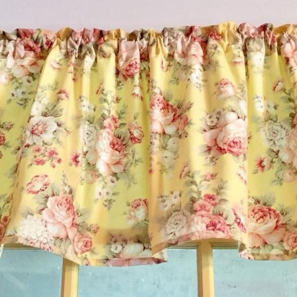 Yellow Pink Cottage Roses Valance Gift for Her Birthday Gift Unique Anniversary Gift Window Curtain Topper 43"W x 14"L FREE SHIPPING