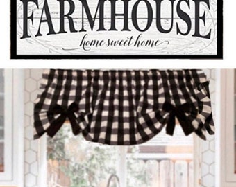 Buffalo Check Farmhouse Valance 1” Black White Checks with Removable Bows Buffalo Decor for Kitchen Office Bedroom Cabin 43”Wx15"L free ship